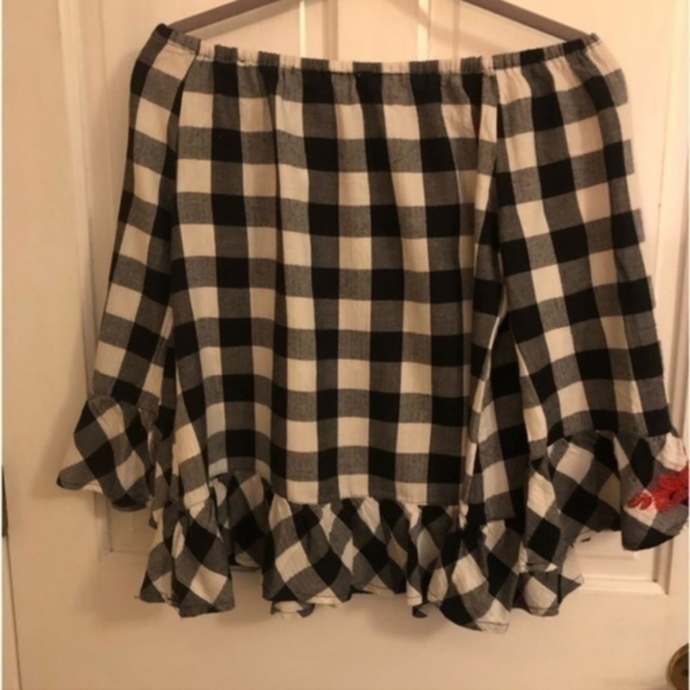 Off the Shoulder Shirt Bell Sleeve Checkered